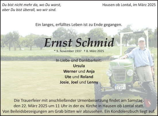 Traueranzeige von Ernst Schmid von SÜDWEST PRESSE Ausgabe Ulm/Neu-Ulm