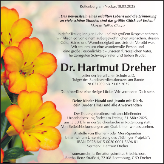 Traueranzeige von Hartmut Dreher von Schwäbische Tagblatt