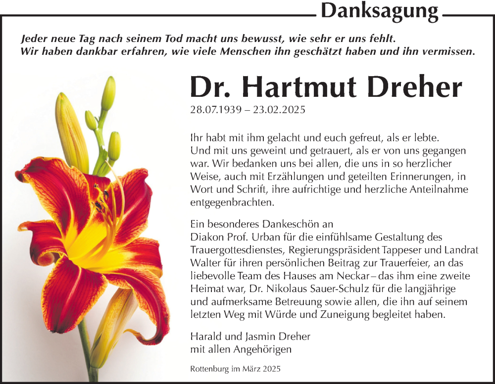  Traueranzeige für Hartmut Dreher vom 27.03.2025 aus Schwäbische Tagblatt