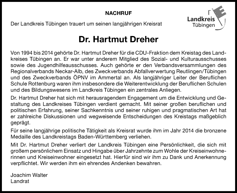  Traueranzeige für Hartmut Dreher vom 18.03.2025 aus Schwäbische Tagblatt