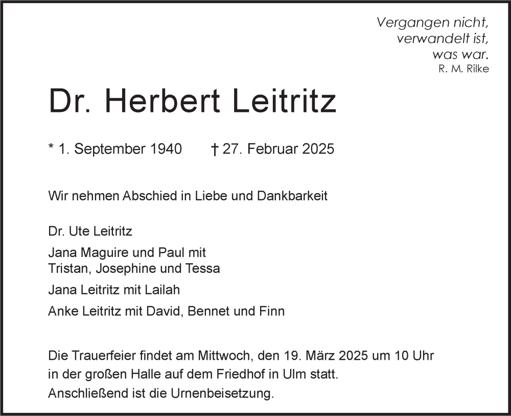  Traueranzeige für Herbert Leitritz vom 08.03.2025 aus SÜDWEST PRESSE Ausgabe Ulm/Neu-Ulm