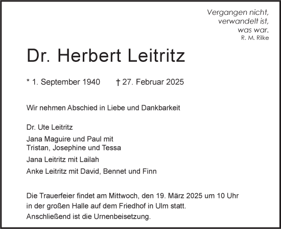 Traueranzeige von Herbert Leitritz von SÜDWEST PRESSE Ausgabe Ulm/Neu-Ulm