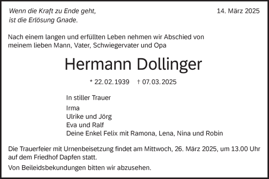 Traueranzeige von Hermann Dollinger von Alb-Bote/Metzinger-Uracher Volksblatt