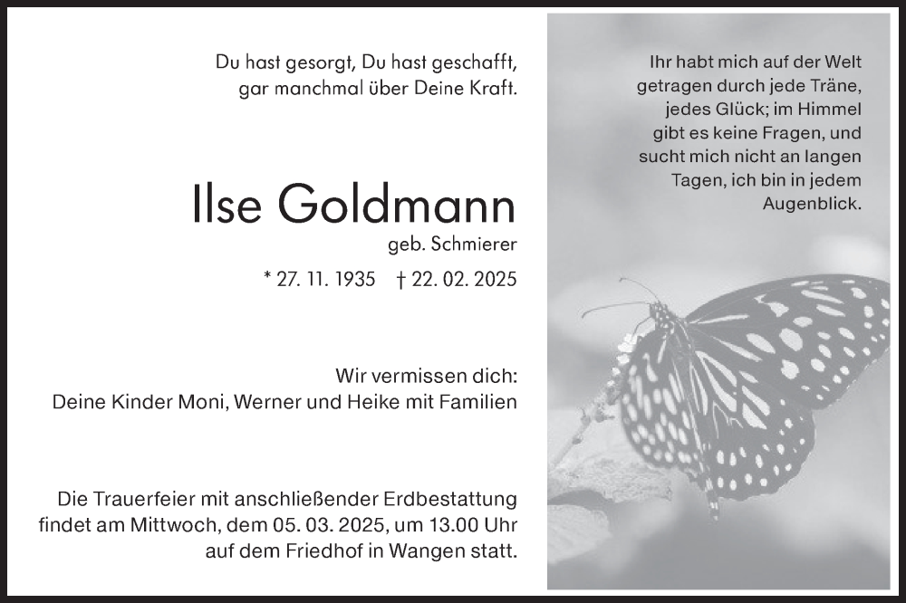  Traueranzeige für Ilse Goldmann vom 01.03.2025 aus NWZ Neue Württembergische Zeitung