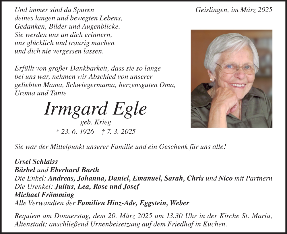  Traueranzeige für Irmgard Egle vom 14.03.2025 aus Geislinger Zeitung