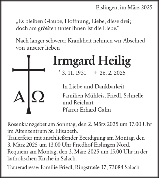 Traueranzeige von Irmgard Heilig von NWZ Neue Württembergische Zeitung
