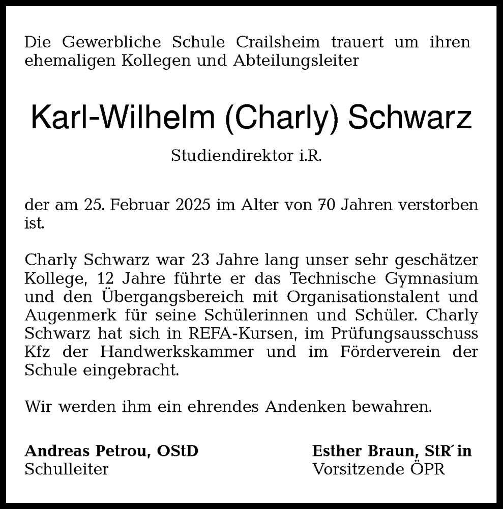  Traueranzeige für Karl-Wilhelm Schwarz vom 04.03.2025 aus Hohenloher Tagblatt