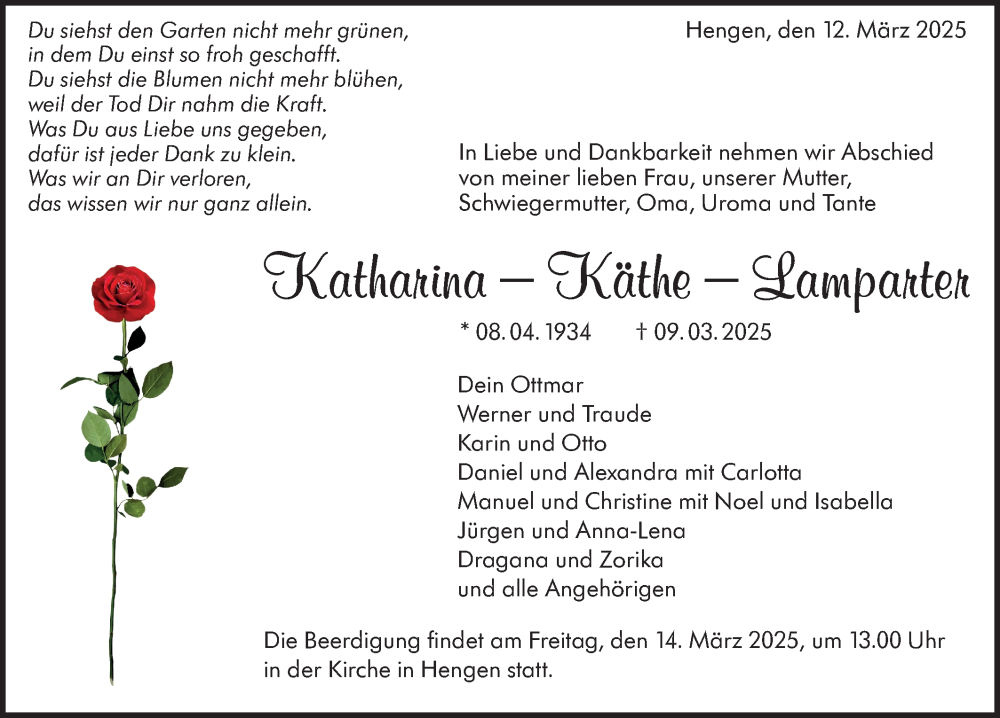  Traueranzeige für Katharina Lamparter vom 12.03.2025 aus Alb-Bote/Metzinger-Uracher Volksblatt
