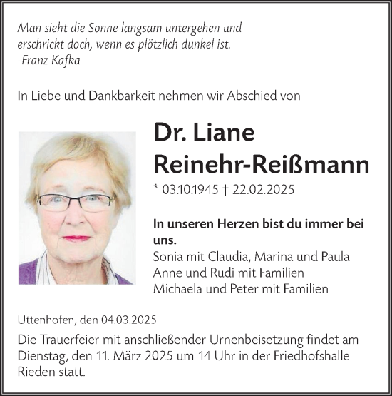 Traueranzeige von Liane Reinehr-Reißmann von Haller Tagblatt