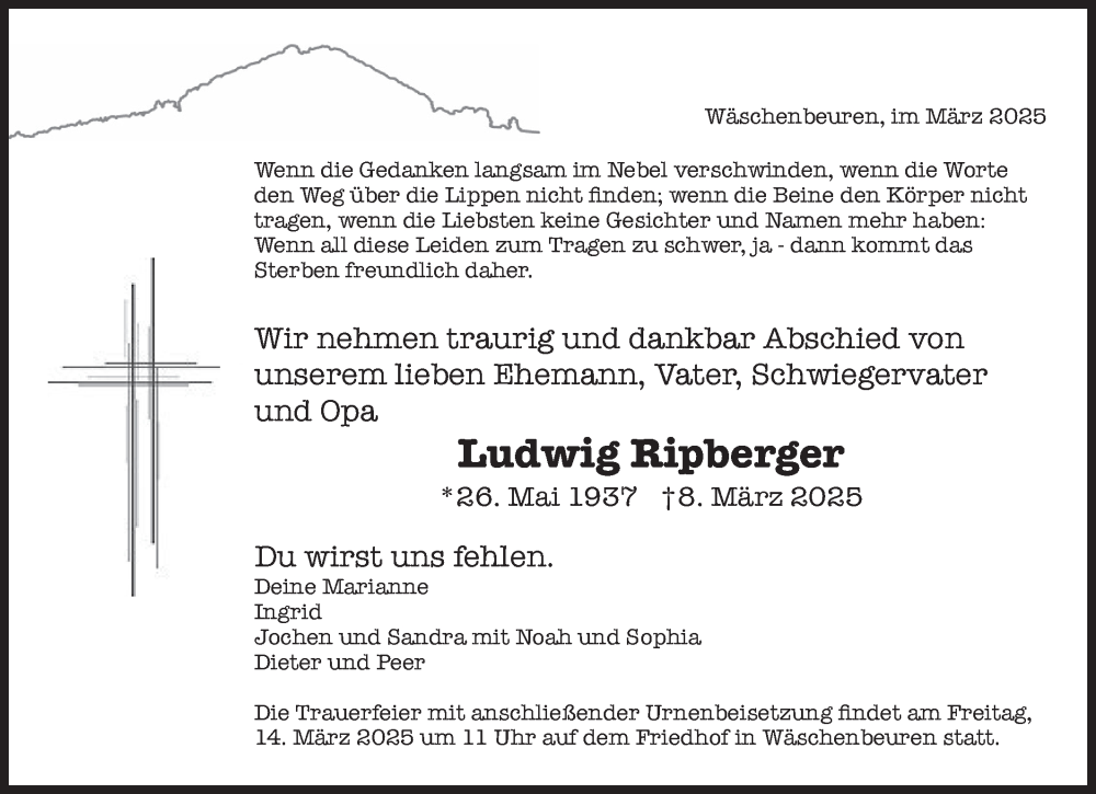  Traueranzeige für Ludwig Ripberger vom 12.03.2025 aus NWZ Neue Württembergische Zeitung