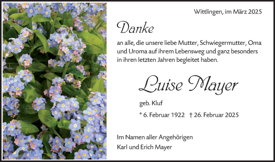 Traueranzeige von Luise Mayer von Alb-Bote/Metzinger-Uracher Volksblatt