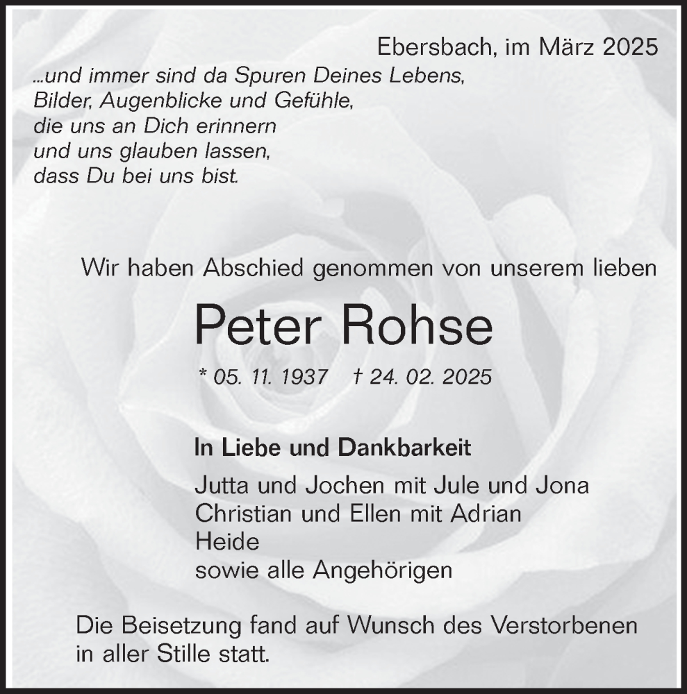  Traueranzeige für Peter Rohse vom 12.03.2025 aus NWZ Neue Württembergische Zeitung