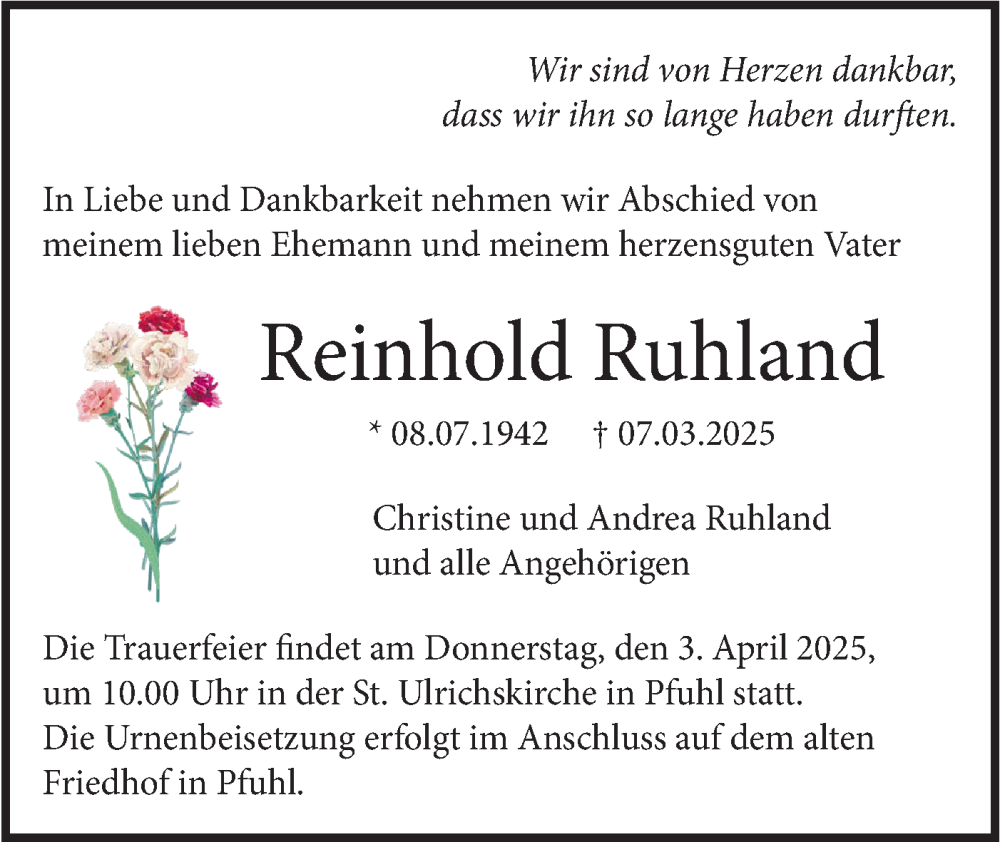  Traueranzeige für Reinhold Ruhland vom 29.03.2025 aus SÜDWEST PRESSE Ausgabe Ulm/Neu-Ulm