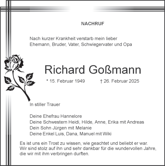 Traueranzeige von Richard Goßmann von Hohenloher Tagblatt