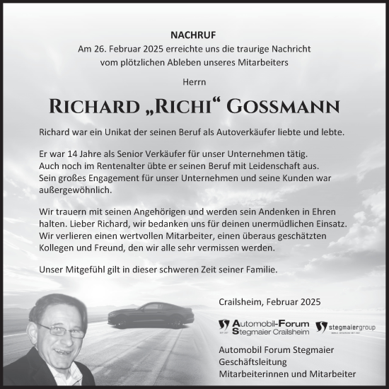 Traueranzeige von Richard Goßmann von Hohenloher Tagblatt