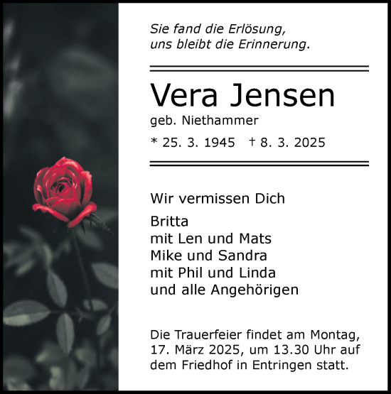 Traueranzeige von Vera Jensen von Schwäbische Tagblatt