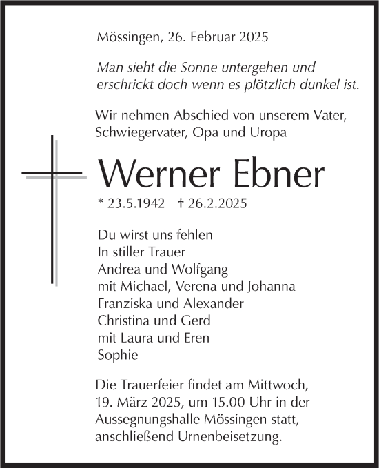 Traueranzeige von Werner Ebner von Schwäbische Tagblatt