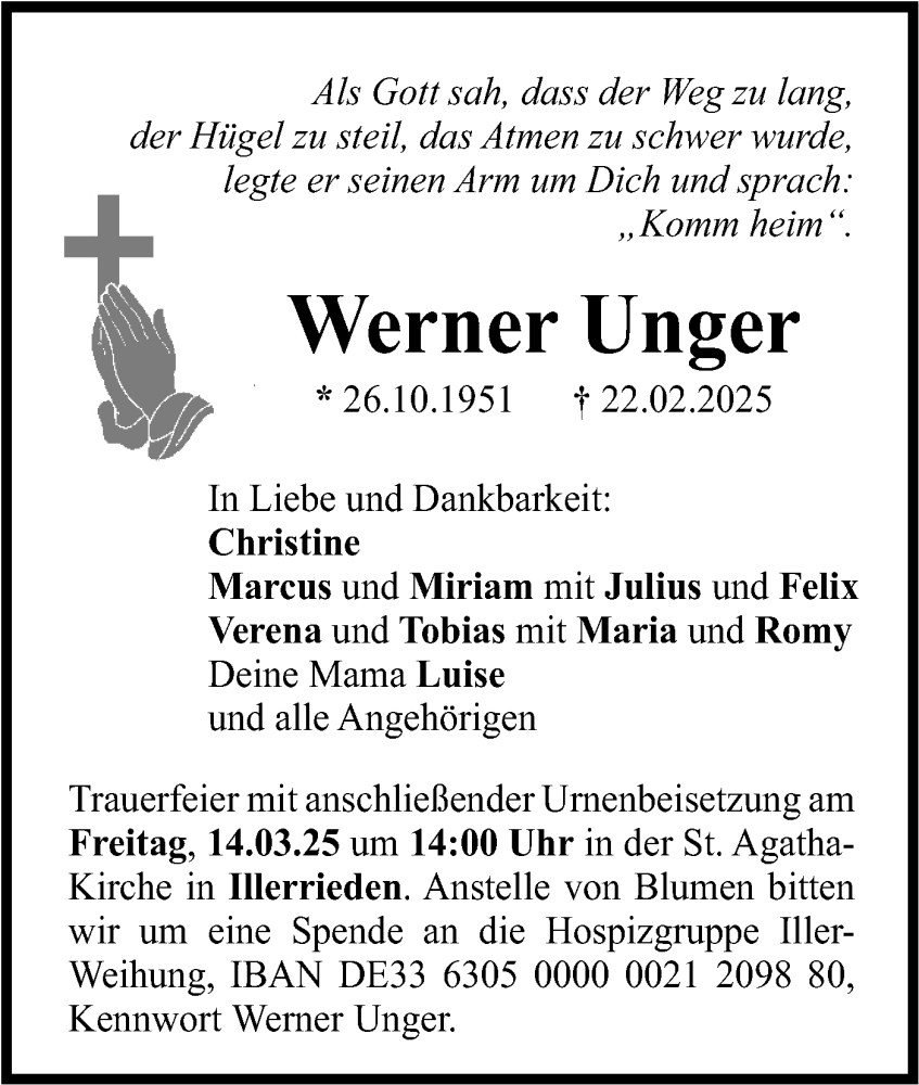  Traueranzeige für Werner Unger vom 10.03.2025 aus SÜDWEST PRESSE Ausgabe Ulm/Neu-Ulm