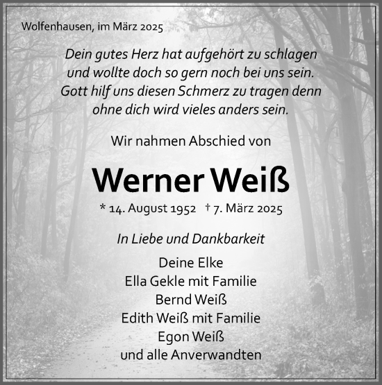 Traueranzeige von Werner Weiß von Schwäbische Tagblatt