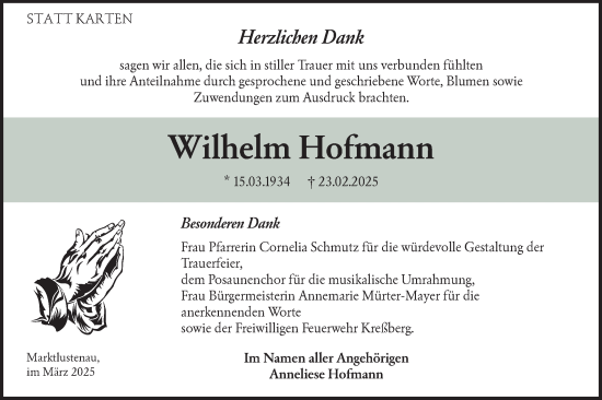Traueranzeige von Wilhelm Hofmann von Hohenloher Tagblatt