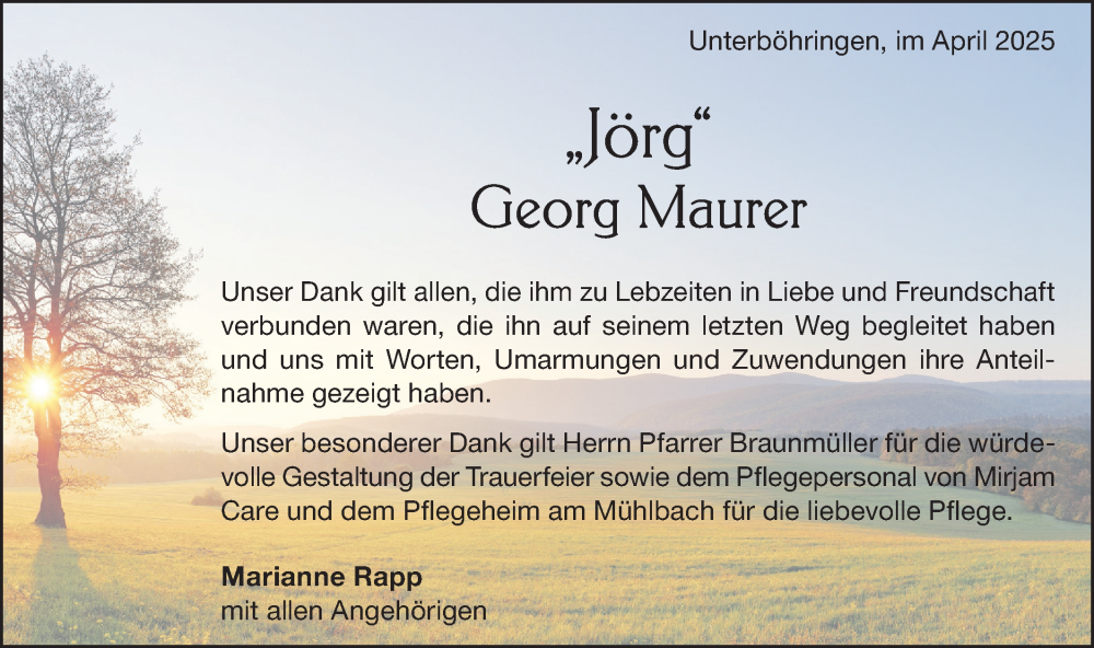  Traueranzeige für Georg Maurer vom 05.04.2025 aus Geislinger Zeitung