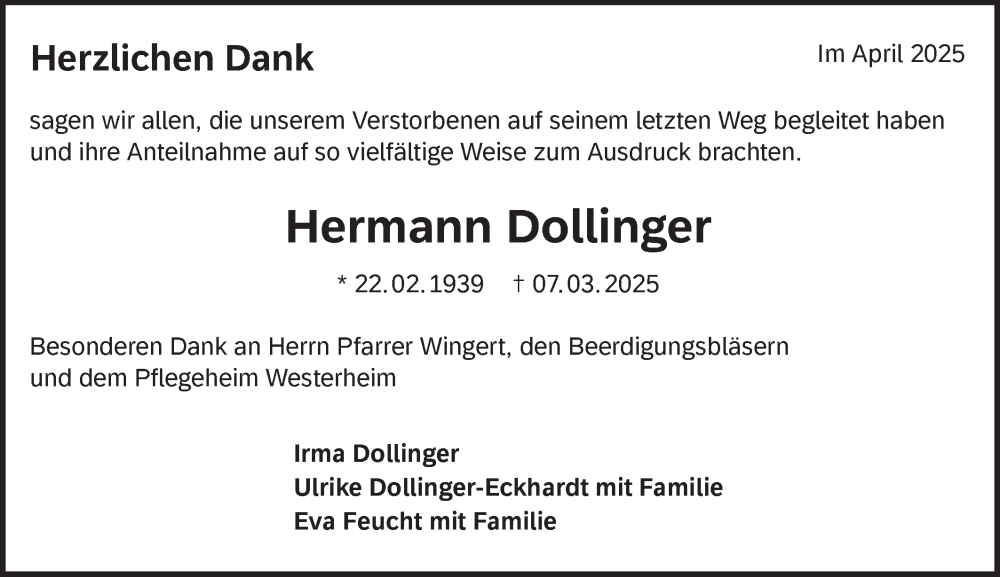  Traueranzeige für Hermann Dollinger vom 10.04.2025 aus Alb-Bote/Metzinger-Uracher Volksblatt