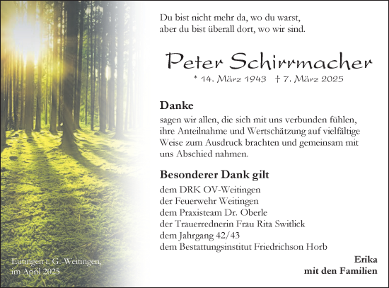Traueranzeige von Peter Schirrmacher von Neckar-Chronik