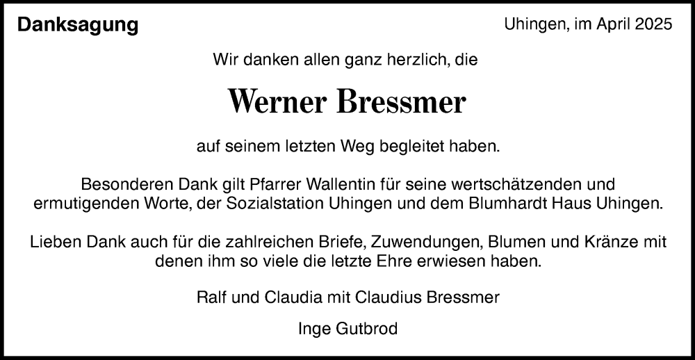  Traueranzeige für Werner Bressmer vom 19.04.2025 aus NWZ Neue Württembergische Zeitung