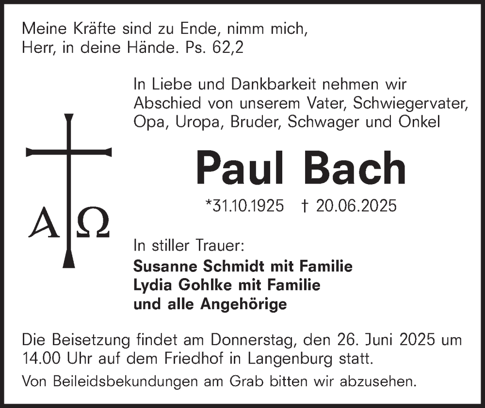  Traueranzeige für Paul Bach vom 24.06.2025 aus Hohenloher Tagblatt