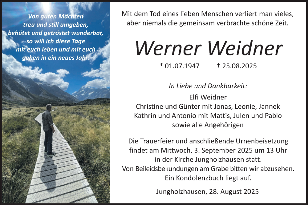  Traueranzeige für Werner Weidner vom 28.08.2025 aus Haller Tagblatt