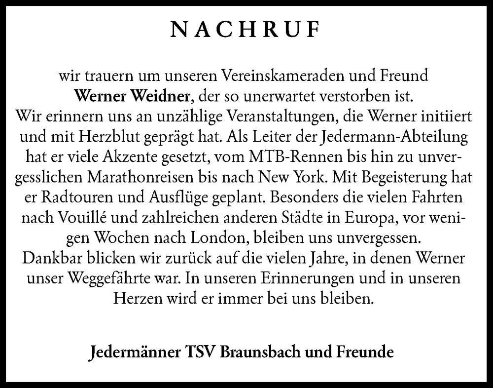  Traueranzeige für Werner Weidner vom 05.09.2025 aus Haller Tagblatt