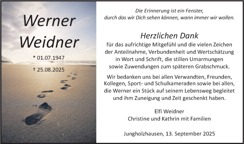  Traueranzeige für Werner Weidner vom 13.09.2025 aus Haller Tagblatt