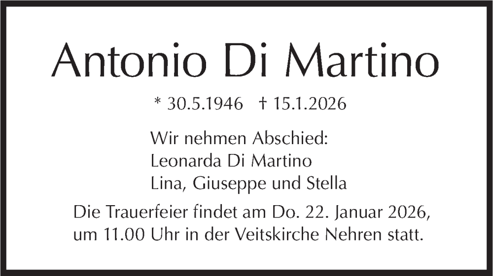  Traueranzeige für Antonio Di Martino vom 19.01.2026 aus Schwäbische Tagblatt