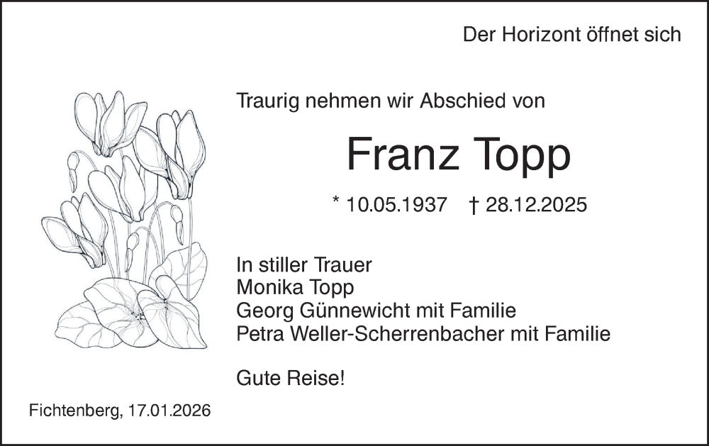  Traueranzeige für Franz Topp vom 17.01.2026 aus Rundschau Gaildorf