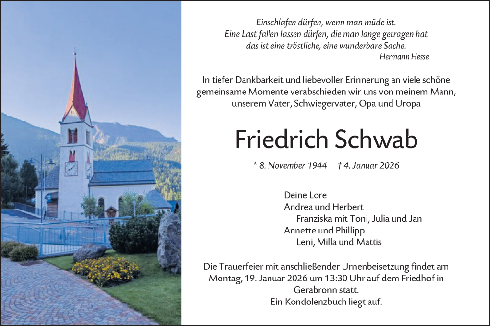  Traueranzeige für Friedrich Schwab vom 15.01.2026 aus Hohenloher Tagblatt