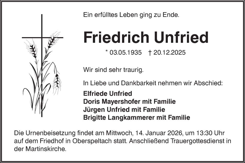  Traueranzeige für Friedrich Unfried vom 10.01.2026 aus Hohenloher Tagblatt