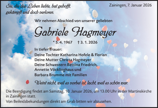Traueranzeige von Gabriele Hagmeyer von Alb-Bote/Metzinger-Uracher Volksblatt