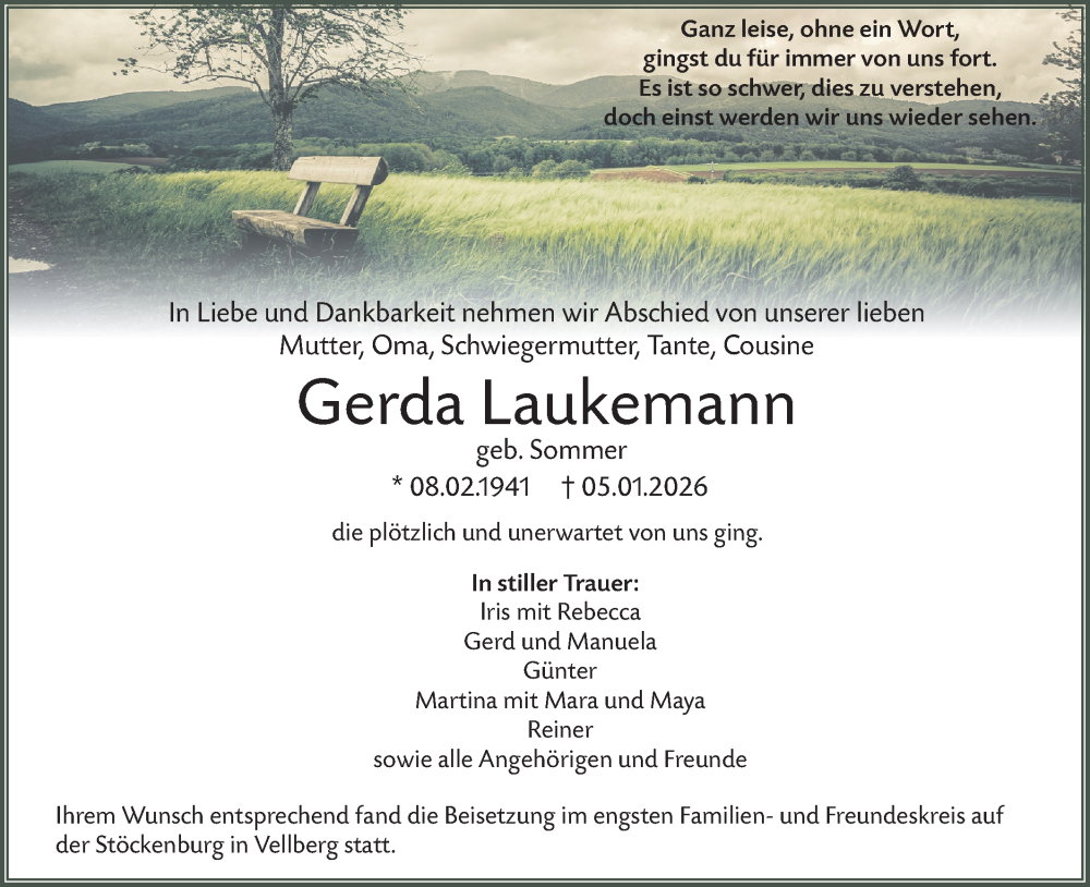  Traueranzeige für Gerda Laukemann vom 19.01.2026 aus Haller Tagblatt