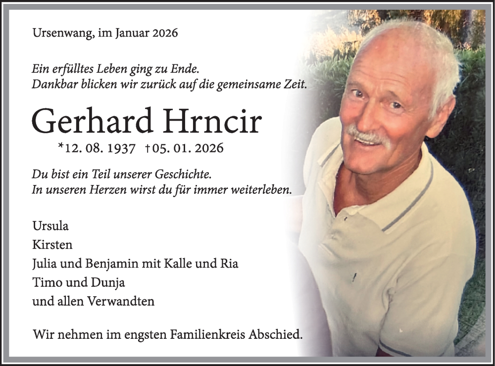  Traueranzeige für Gerhard Hrncir vom 17.01.2026 aus NWZ Neue Württembergische Zeitung