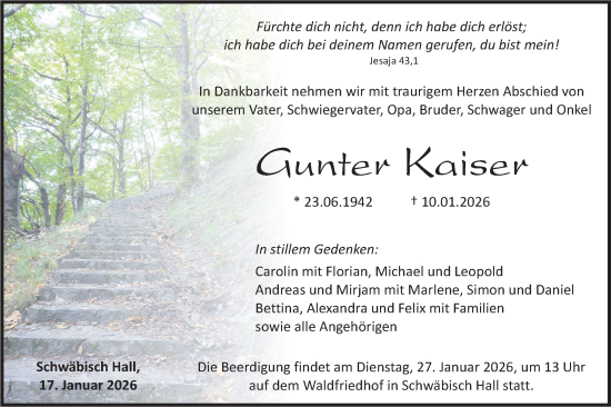 Traueranzeige von Gunter Kaiser von Haller Tagblatt