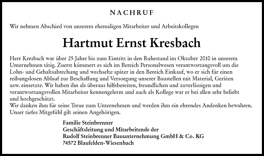  Traueranzeige für Hartmut Ernst Kresbach vom 15.01.2026 aus Hohenloher Tagblatt