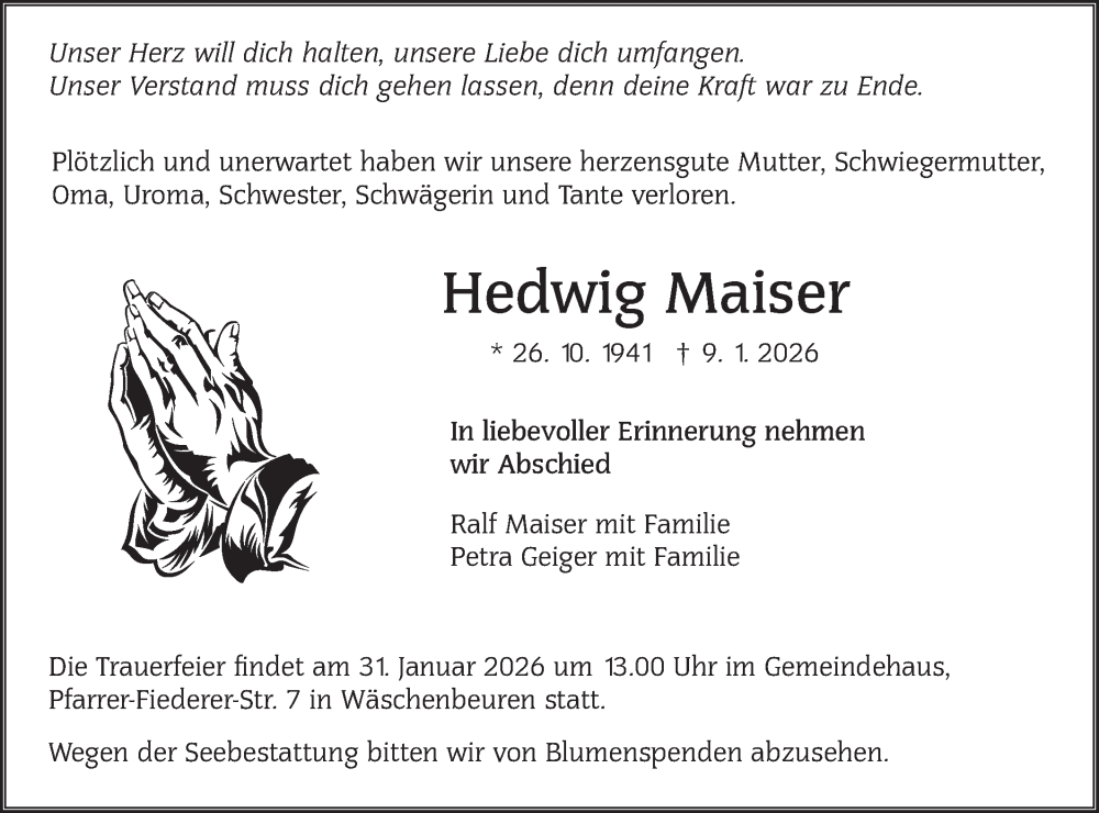  Traueranzeige für Hedwig Maiser vom 17.01.2026 aus NWZ Neue Württembergische Zeitung