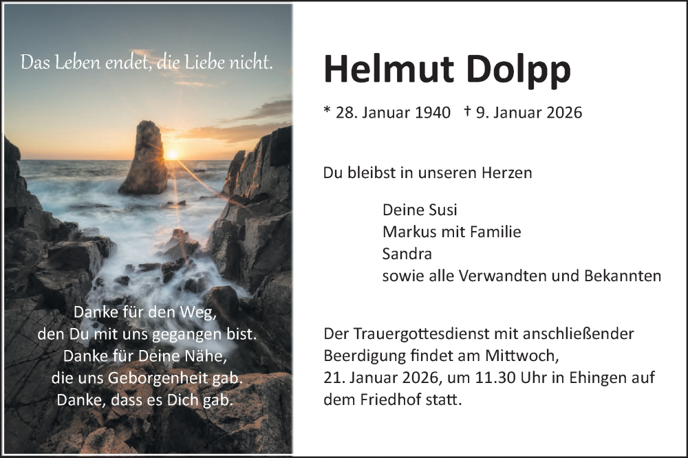  Traueranzeige für Helmut Dolpp vom 17.01.2026 aus Ehinger Tagblatt
