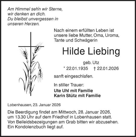 Traueranzeige von Hilde Liebing von Hohenloher Tagblatt