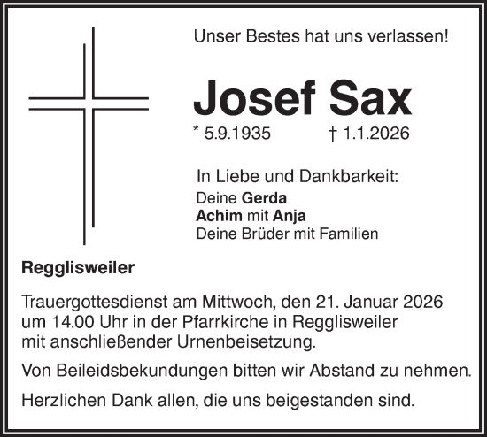 Traueranzeige von Josef Sax von SÜDWEST PRESSE Ausgabe Ulm/Neu-Ulm