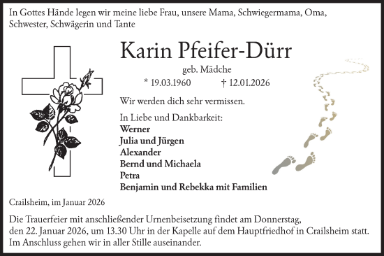 Traueranzeige von Karin Pfeifer-Dürr von Hohenloher Tagblatt