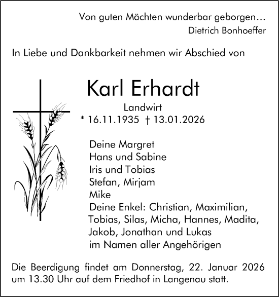 Traueranzeige von Karl Erhardt von SÜDWEST PRESSE Ausgabe Ulm/Neu-Ulm
