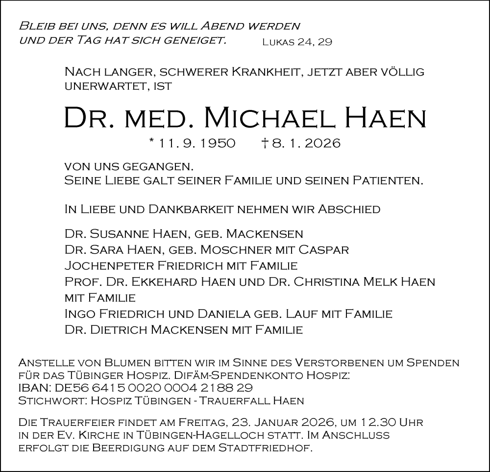  Traueranzeige für Michael Haen vom 17.01.2026 aus Schwäbische Tagblatt