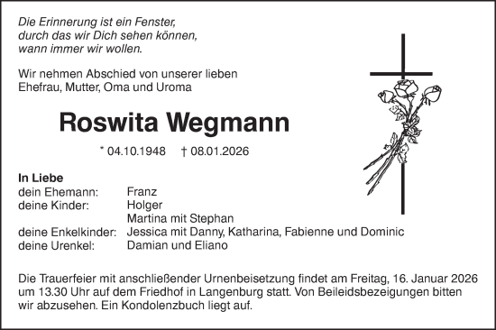Traueranzeige von Roswita Wegmann von Hohenloher Tagblatt