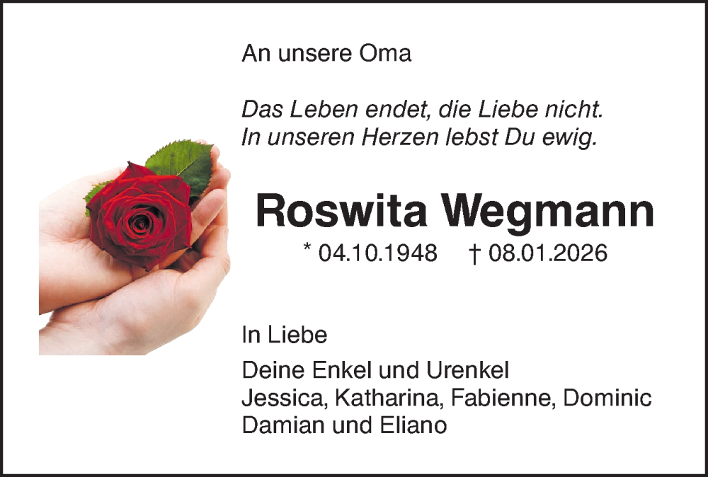  Traueranzeige für Roswita Wegmann vom 14.01.2026 aus Hohenloher Tagblatt